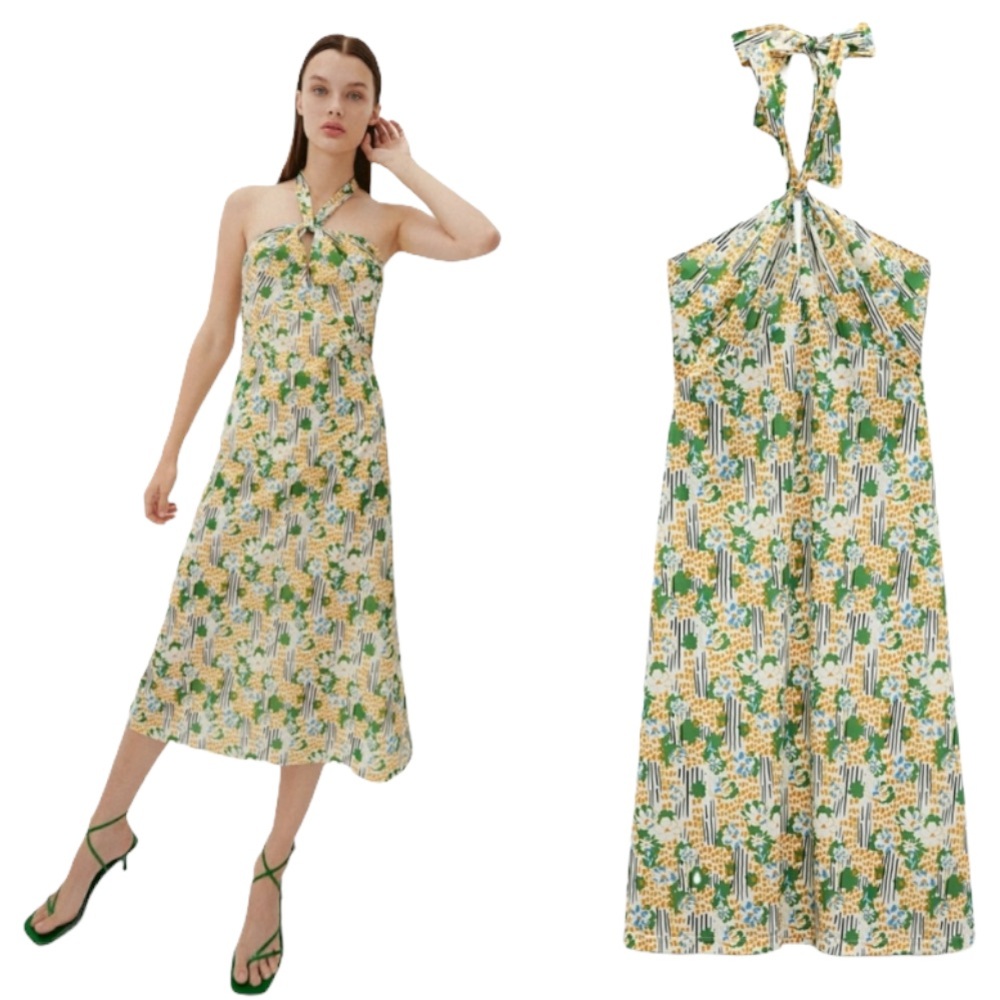 Zara Yellow Printed Halter Style Midi Dress NWT